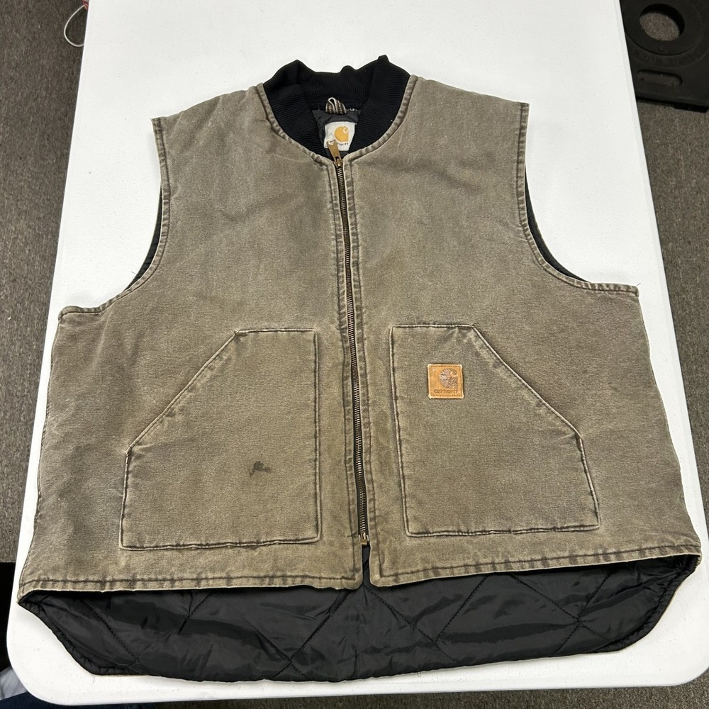 Carhartt Duck Canvas Vest Mens XL Brown Faded Quilt Lined Full Zip V01
